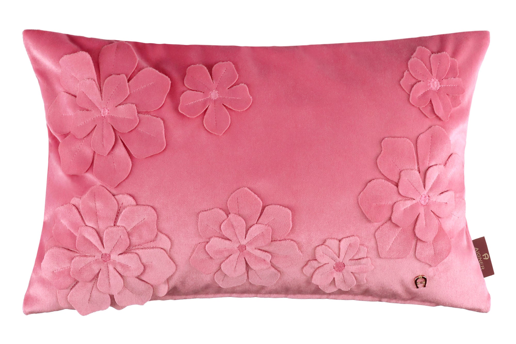 AIGNER Samt Zierkissenhülle 30x50 cm – Blumen Applikation, Dekokissen Beige/Rosa