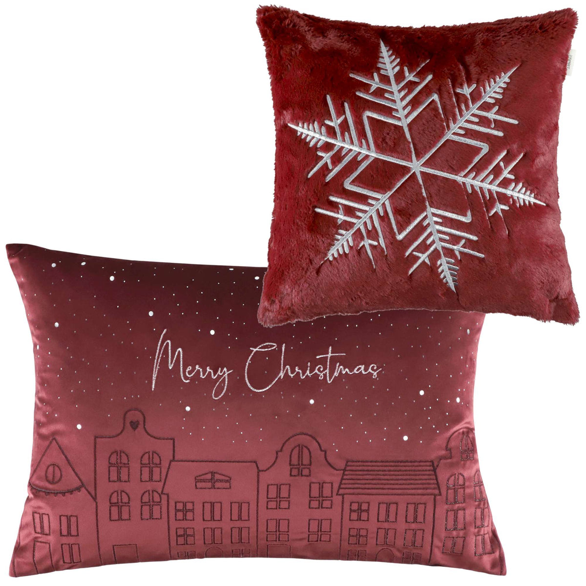 2er Set Kissenhüllen – Häuser 40x60 cm & Schneeflocke 38x38 cm – Gestickt, Winter Design