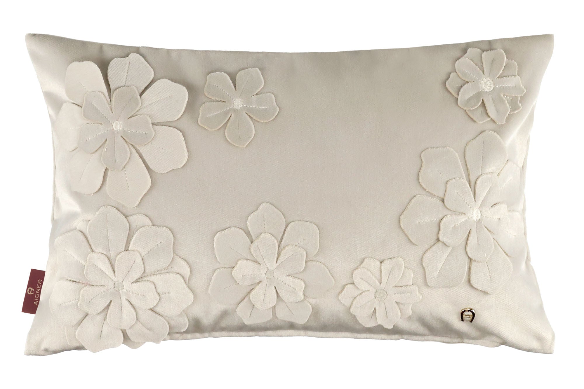 AIGNER Samt Zierkissenhülle 30x50 cm – Blumen Applikation, Dekokissen Beige/Rosa