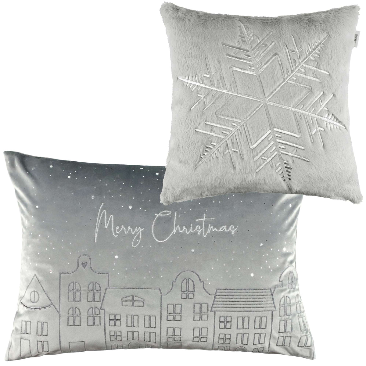 2er Set Kissenhüllen – Häuser 40x60 cm & Schneeflocke 38x38 cm – Gestickt, Winter Design